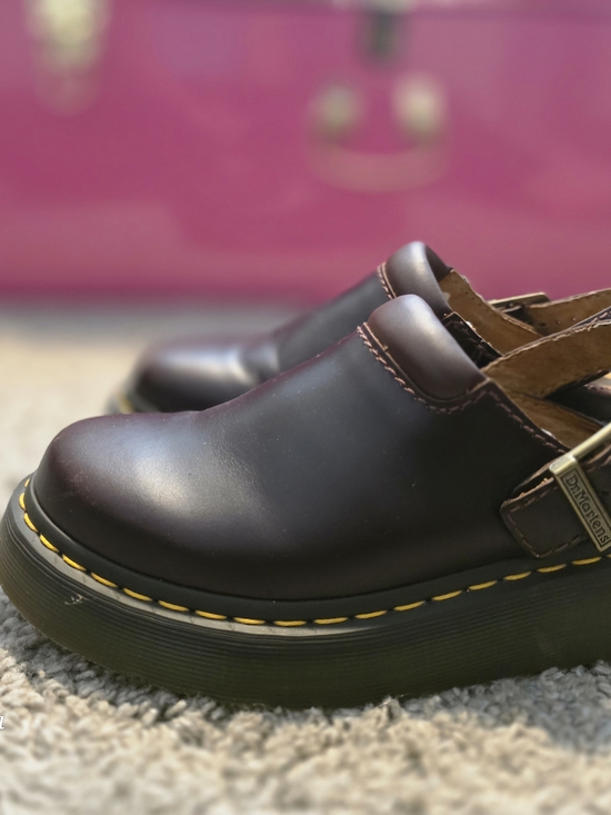 Dr. Martens Shoes - Dr. Martens Brown Leather Clogs with Yellow Stitching